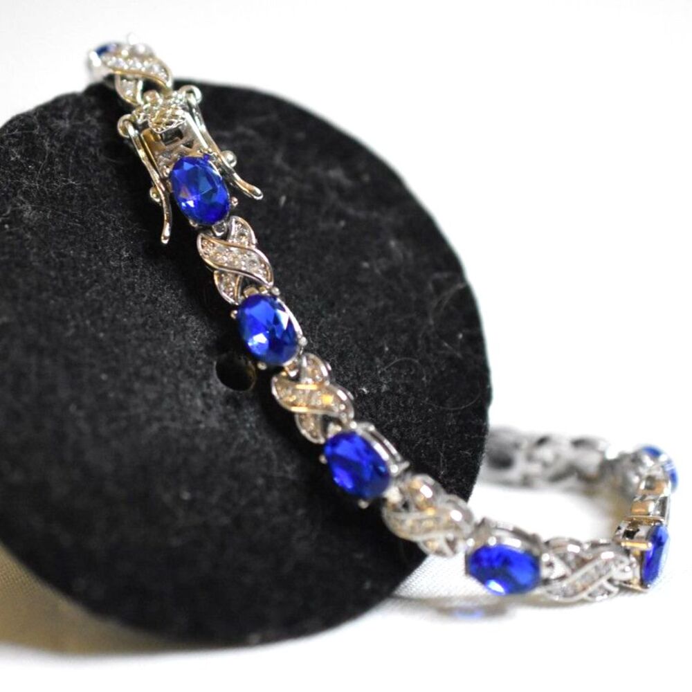 M NC 925 Sterling Silver Blue Created Sapphire/CZ Diamond Tennis 8" Bracelet